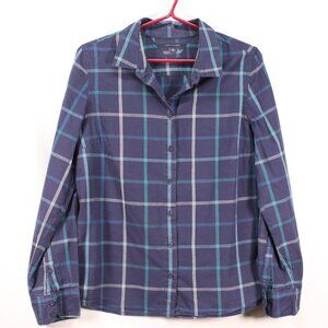 Tommy Hilfiger 100% Cotton Navy Blue Plaid Button Up Ladies Size Large CA#20781